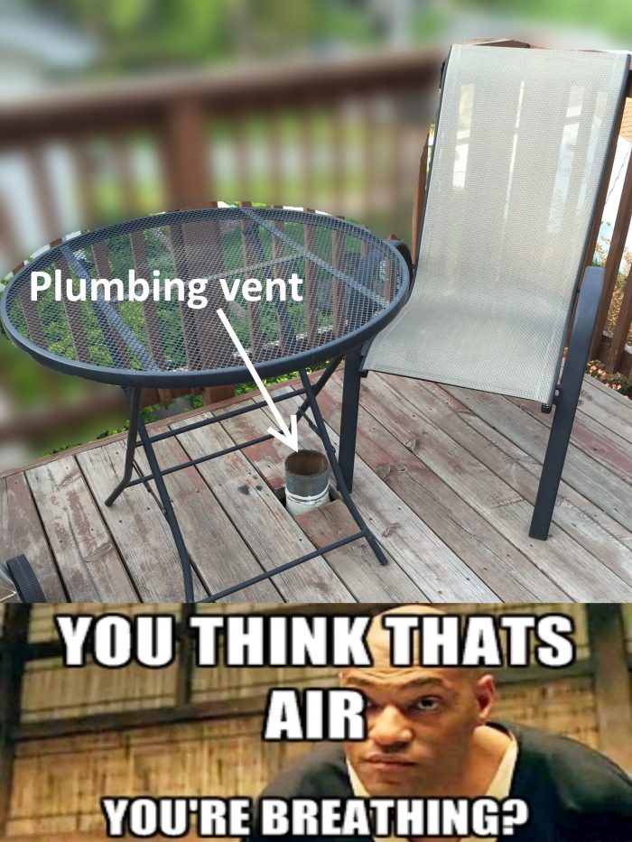 Plumbing vent at deck